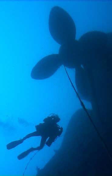 Diver swims towards huge propellors